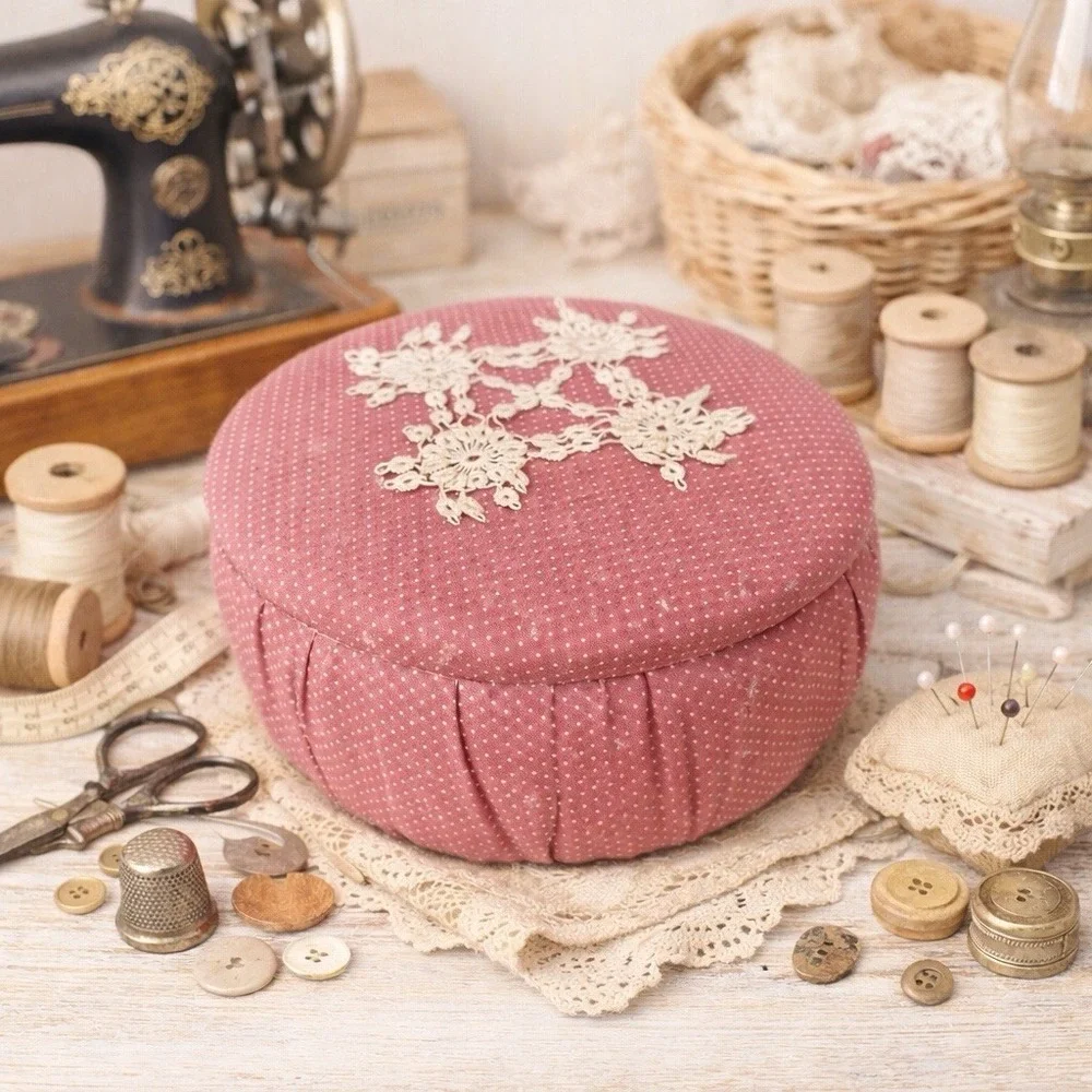 VTG Padded Fabric Covered Wooden Sewing Notion Box Round 7